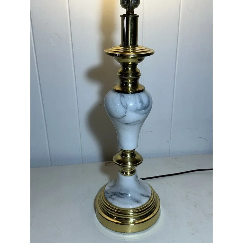 Vintage White Marble Brass Table Lamp MCM Hollywood Regency 22